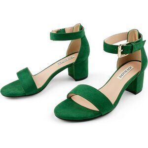 Women's Green Chunky Low Heels Ankle Strap Open Toe Block Heel Sandal